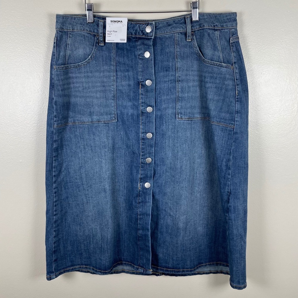 Sonoma Women's 18W Denim Skirt Blue High Rise Button Front‎ Midi Stretch NEW